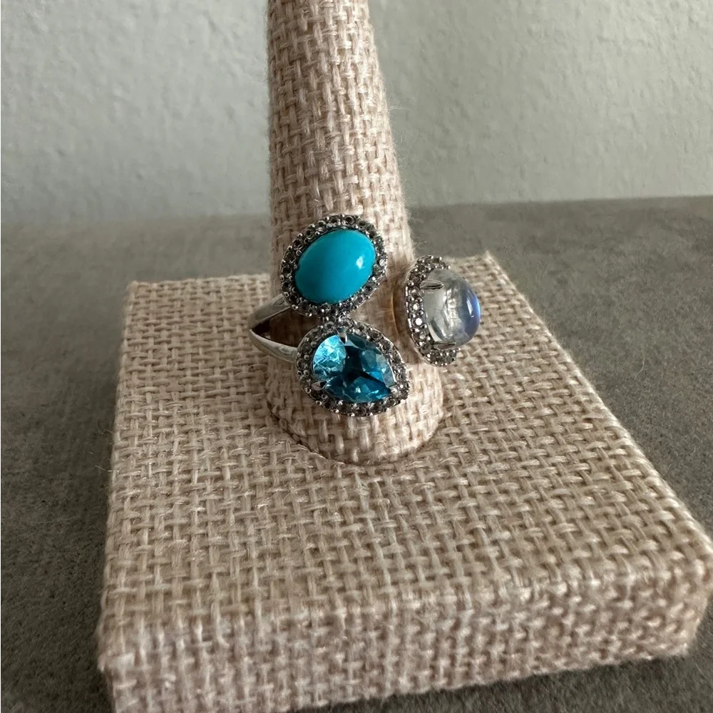 925 STERLING SILVER BLUE TOPAZ TURQUOISE & MOONSTONE Ring by Colleen Lopez - Picture 2 of 8